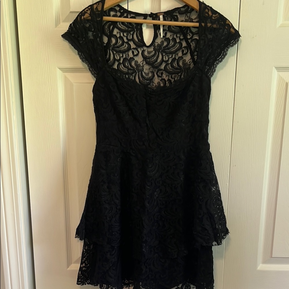 Free People Black Lace Flared, Tiered Dress. Size XS